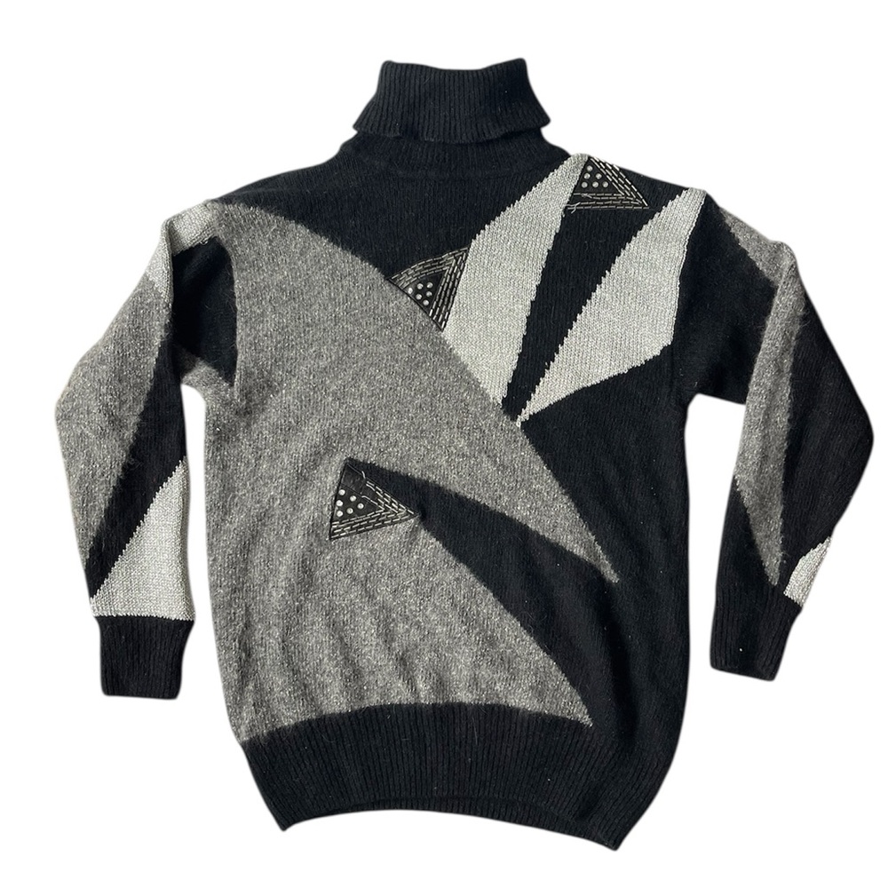 Vtg I.B. Diffusion Sweater Black Abstract Silk Angora Turtleneck Artsy 90s P M